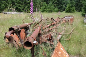 Scraped railway equipment in storage yard on JWP Trail.