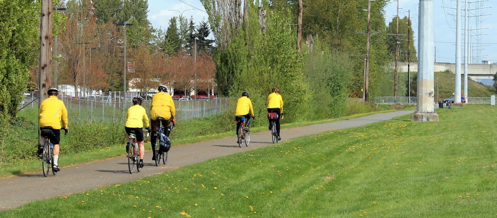 Prepared for rain on a spring ride on Interurban Trail (south)