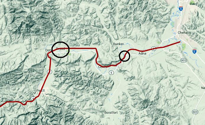 Approximate locations of replacement bridges opened on Willapa Hills Trail